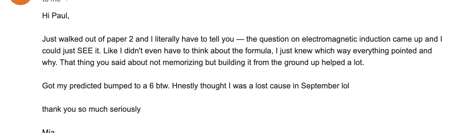 Parent email — daughter scored 6 on IB Physics December mock exam after online tutoring, now explains physics concepts at home and feels confident in class