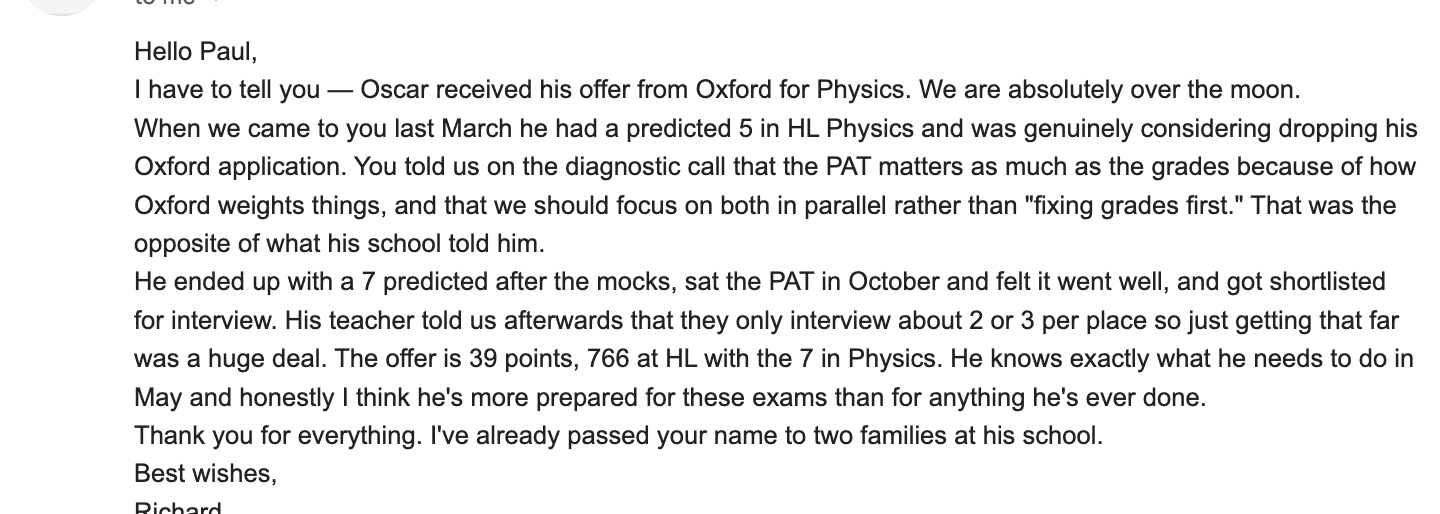 Parent email testimonial — IB Physics HL student went from predicted 5 to 7, received Oxford University Physics offer with 39 IB points and 766 at HL after online tutoring